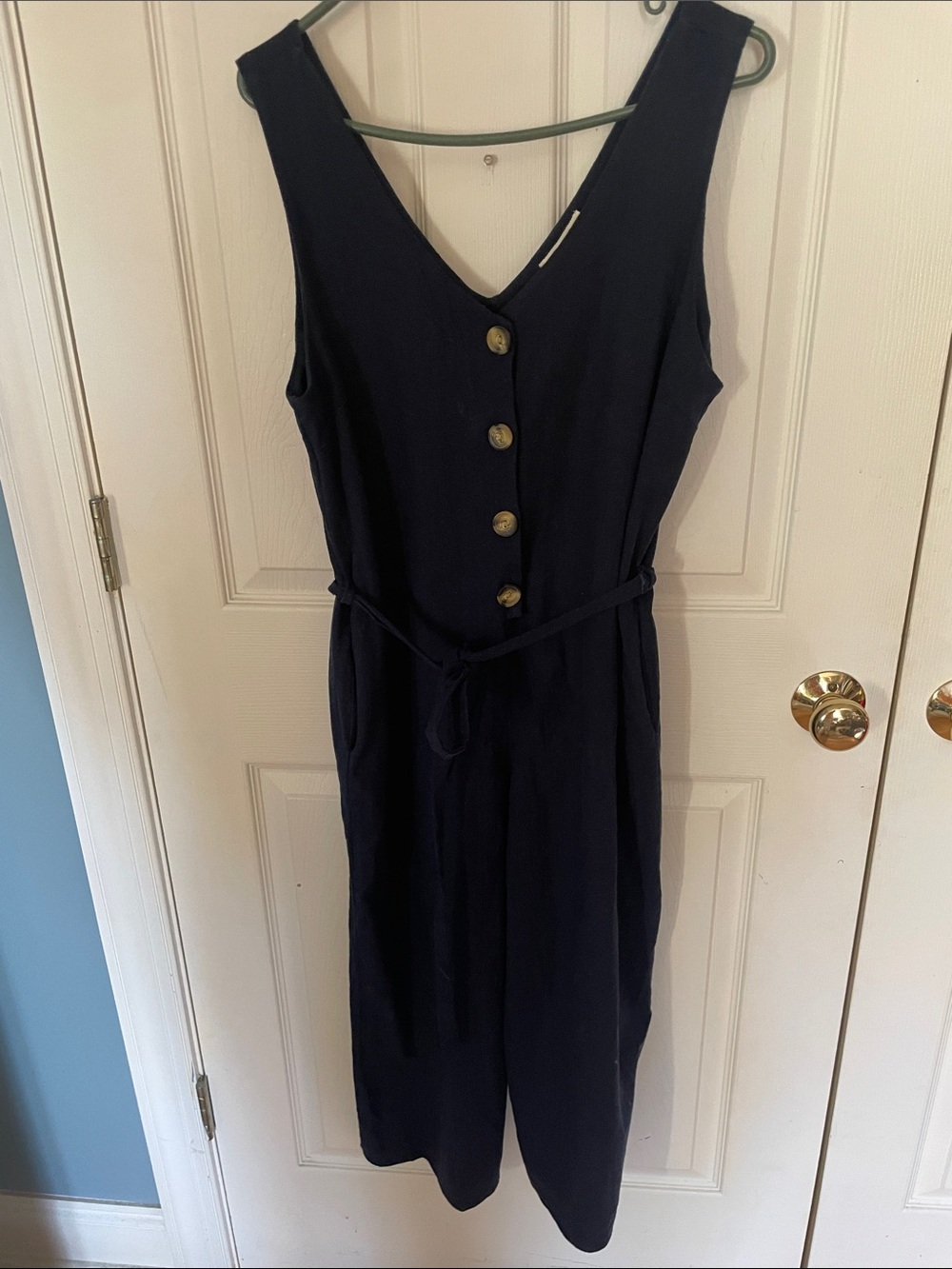 Monteau Los Angeles linen blend Sleeveless Navy Button-Front Women's Jumpsuit xl